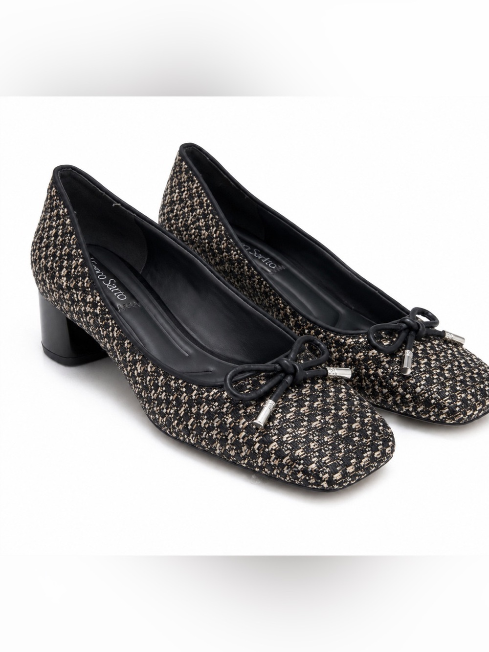 Franco Sarto Tweed Block Heel Pumps Black Tan Metallic Bow Square Toe Sz 8/8.5